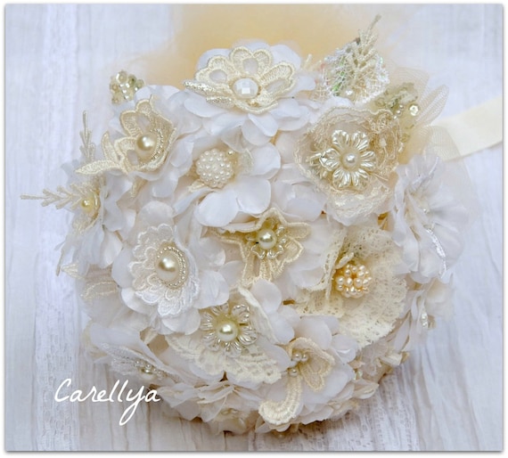 Fabric Bridal Bouquet Vintage Lace Pearls Flowers, Wedding Lace Bouquet