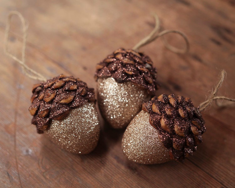 Acorn Ornaments, Tarnished Shimmer, Rustic Wooodland Decor - Set of 3