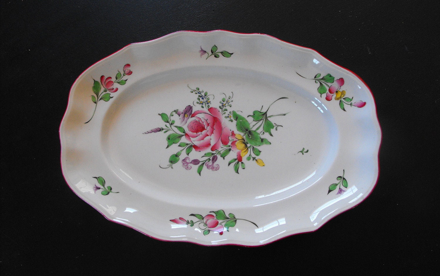 Antique French Luneville Platter c.1900-1930 Hand Painted Flowers