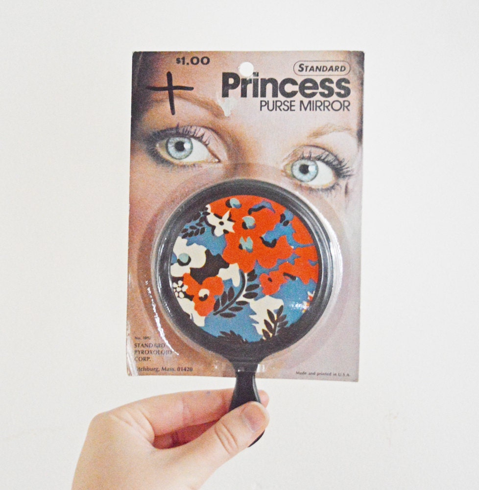 Vintage Pocket Purse Hand Mirror Original Package Princess Flower Black Red Blue White Standard Pyroxoloid Retro Pattern