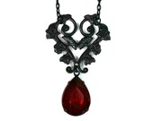 Gothic Necklace - Black Heart and Ruby Blood Drop