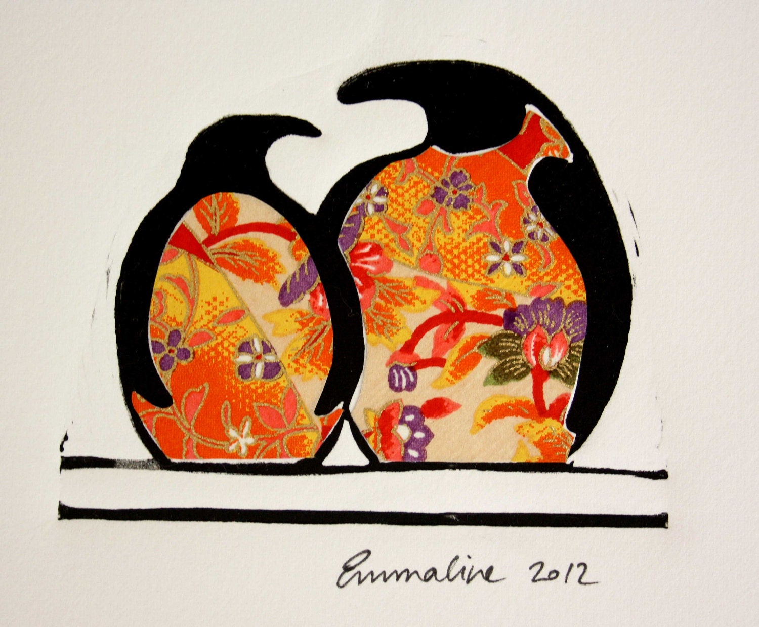Linocut Print of Two Penguins