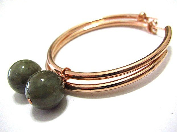 Copper Hoop Earrings African Jade Gemstones Autumn Jewelry