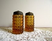 Thousand Eye Pattern Glass Amber Salt and Pepper Shakers Salts or Sugar Shakers 1800s
