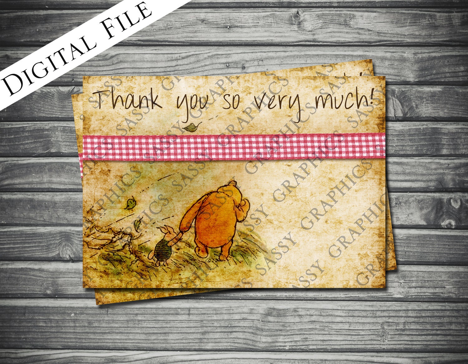 Vintage Winnie the Pooh Girl Thank You Card - Printable, Digital