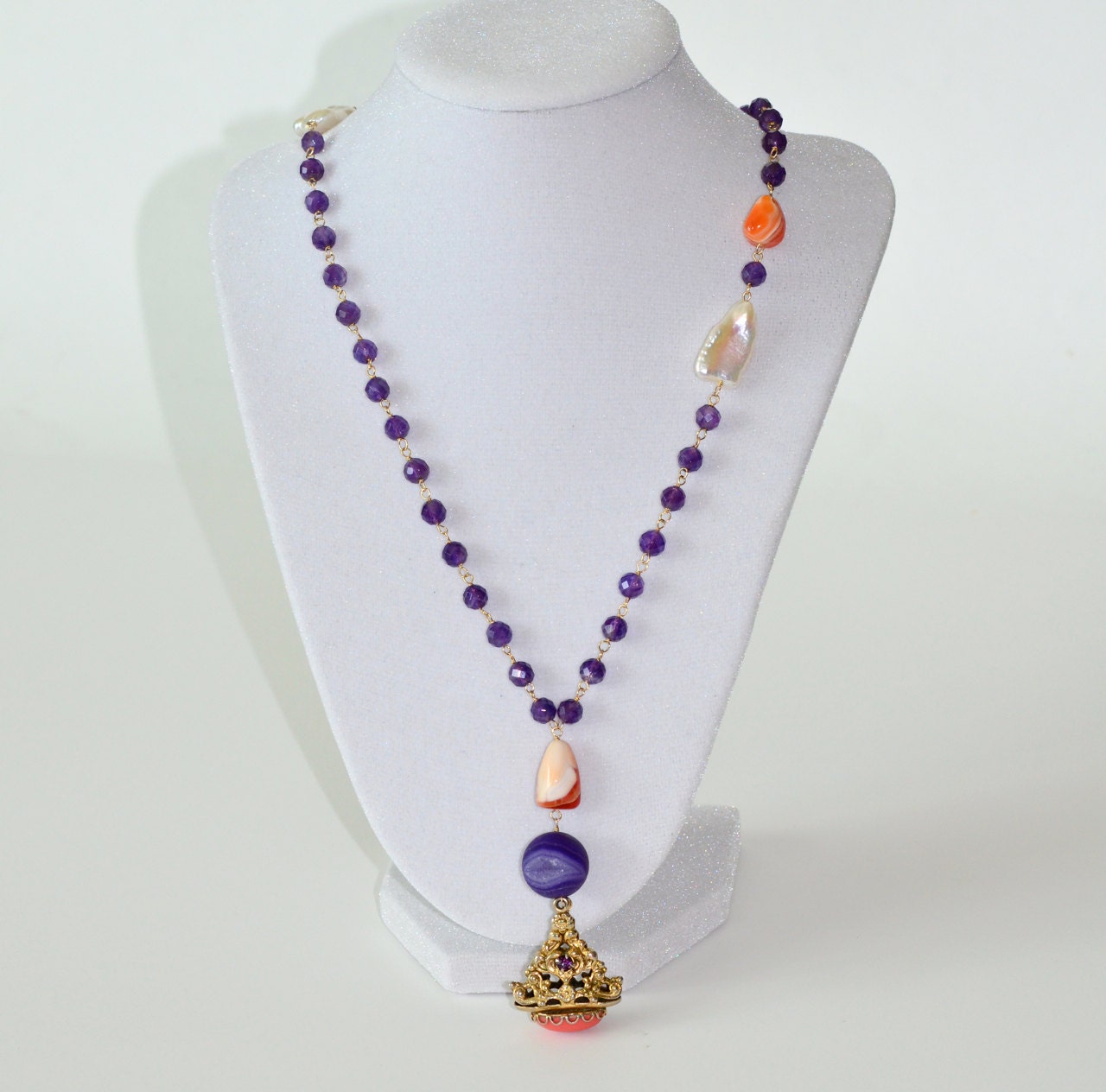 Vintage Pendant Amethyst Biwa Pearl Mexican Fire Opal Agate Asymmetrically Necklace