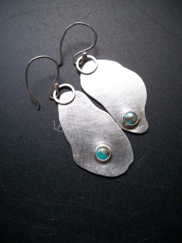 Sterling silver turquoise asymmetrical fragments free form earrings - 2 1/4" - Gemstone metal jewelry by Lamazonian