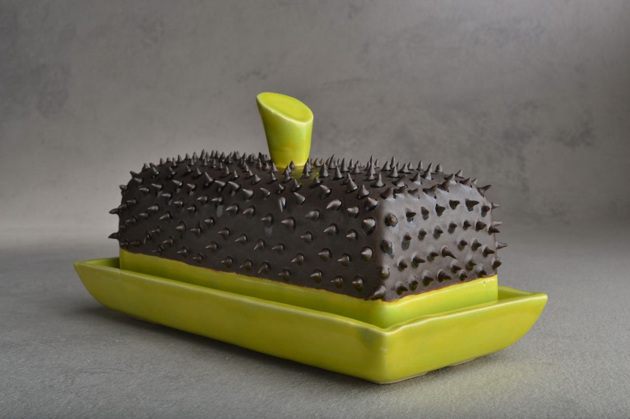 Butter Dish : Black and Chartruese Dangerously Spiky Butter Dish by Symmetrical Pottery Made To Order