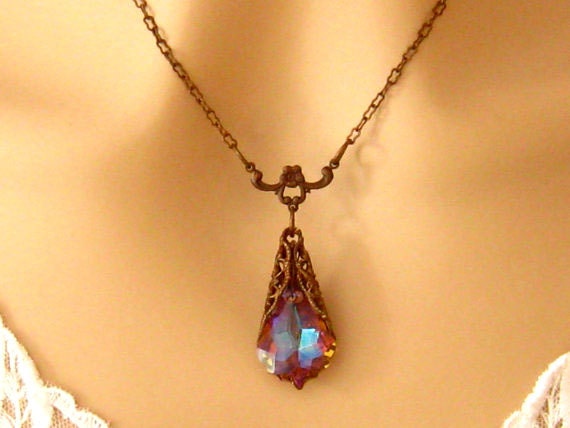 Pink Bridesmaids Necklace: Romantic Victorian Swarovski Pink Crystal Necklace - Antiqued Copper, Bridesmaids Gift Bridal Wedding Jewelry