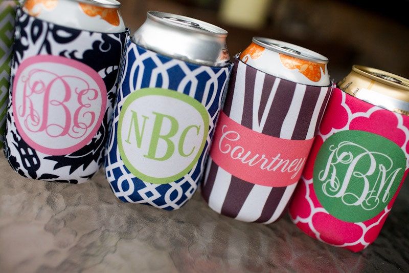 monogrammed drink koozie - choose one from 6 template designs, customize name/initials only
