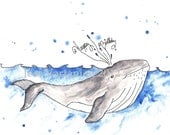 Humpback Whale Happy Birthday Watercolor illustration