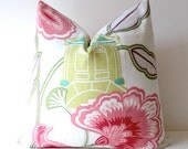 Modern Chartreuse grey teal Decorative Designer Pillow Cover 20" Accent braemore blossom oriental linen floral chinoiserie pink purple