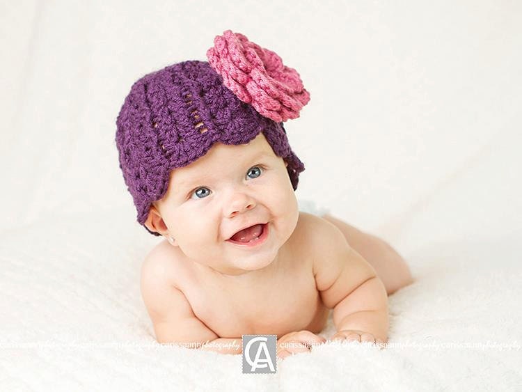 Baby Beanie with Flower, Shell Stitch Beanie with Flower, MADE TO ORDER, Size Newborn to 3 Years