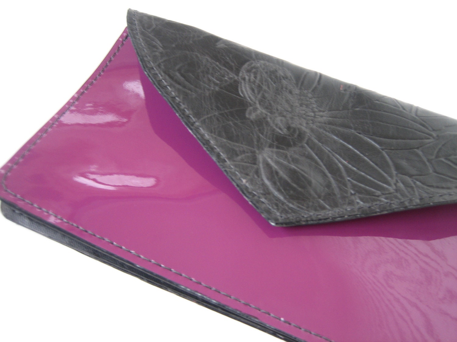 Purple Patent & Black Floral Leather Wallet