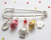 Baby Safety pin -decorative lucky safety pin with pendants for babies-  cupcake yellow and red pin for baby girls, baby shower gift