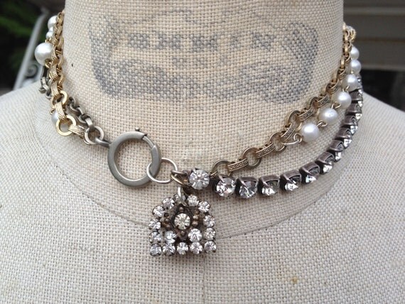 Antique Repurposed Salvaged OOAK Rhinestone watch chain assembled multi chain Necklace