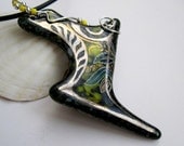 Fused Glass Pendant Black Yellow Silver Painted OOAK