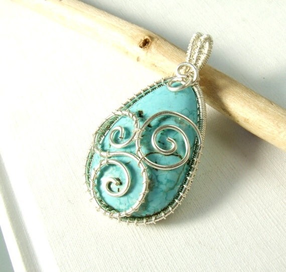 Turquoise howlite pendant, sea wave pendant, silver plated handmade jewelry