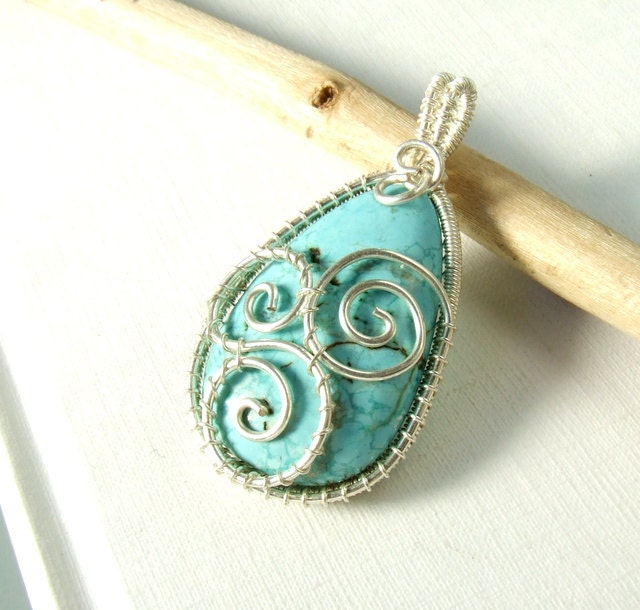 Turquoise howlite pendant, sea wave pendant, silver plated handmade jewelry