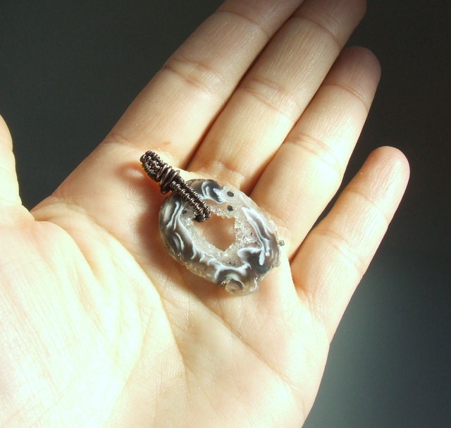 Druzy agate copper pendant, transparent stone handmade jewelry