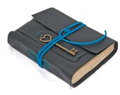 Black Leather Journal with Tea Stained Paper and Heart Key Bookmark