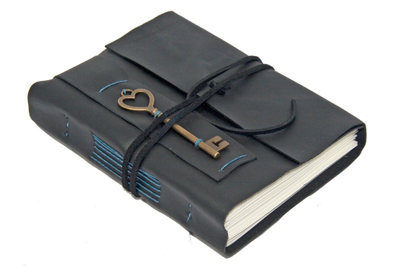 Black Leather Journal with Heart Key Bookmark