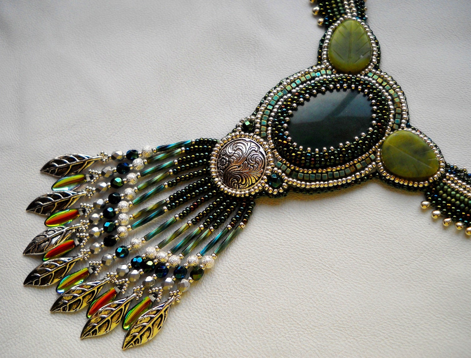 Bead Embroidery Necklace Green Silver Bead Embroidered - MADE TO ORDER