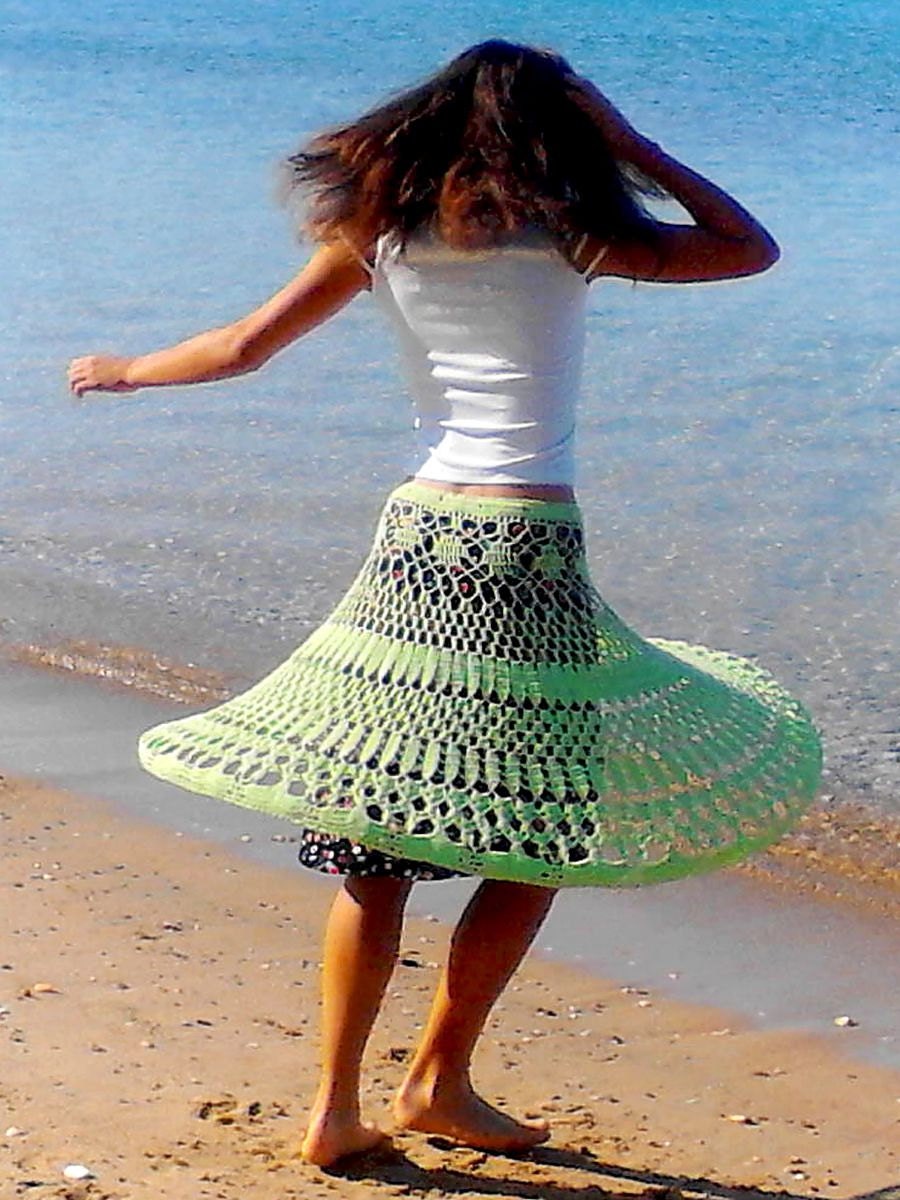 Bright Lime wide lacy crochet skirt with sewn lining, light Green.
