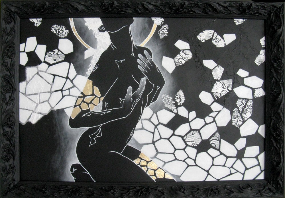 figure painting black and white modern mixed media art framed.  our lady of gleaming moonlinght.