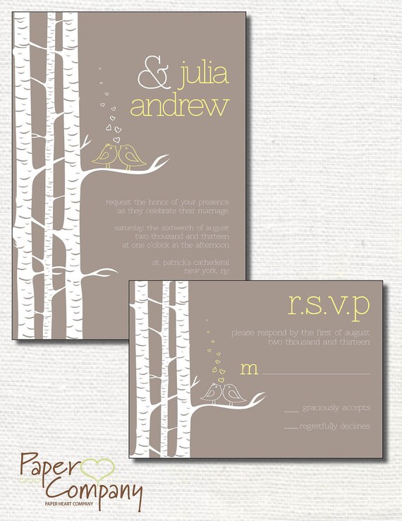 BIRCH TREE Lovebirds Wedding Save the Date/Invitation/Response Card/Reception Card/Menu/Table Numbers/Thank You Card - You Print Il_570xn