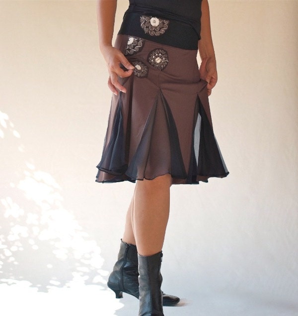 Chocolate wrap skirt/ Hand made applique women dresses /bi-material bottoms