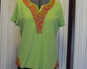 Reconstructed Recycled EcoFriendly Ladies' Top SS Apple Green Sz XL Embellished with Pumpkin Multi Indian Asian Ethnic