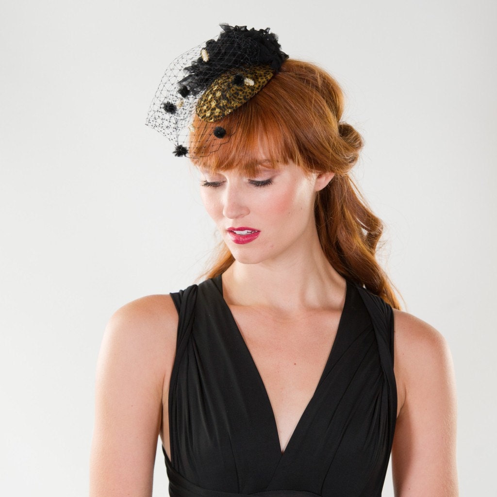 Gold Metallic Polka-Dot Leopard Print Teardrop Cocktail Fascinator