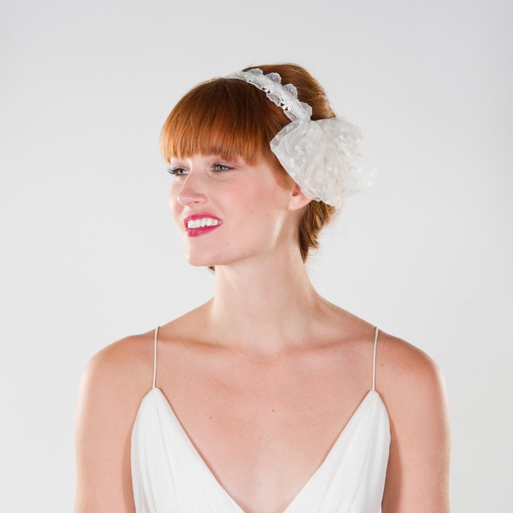 Bridal Dotted Bow Headband with Crochet Ribbon Trim