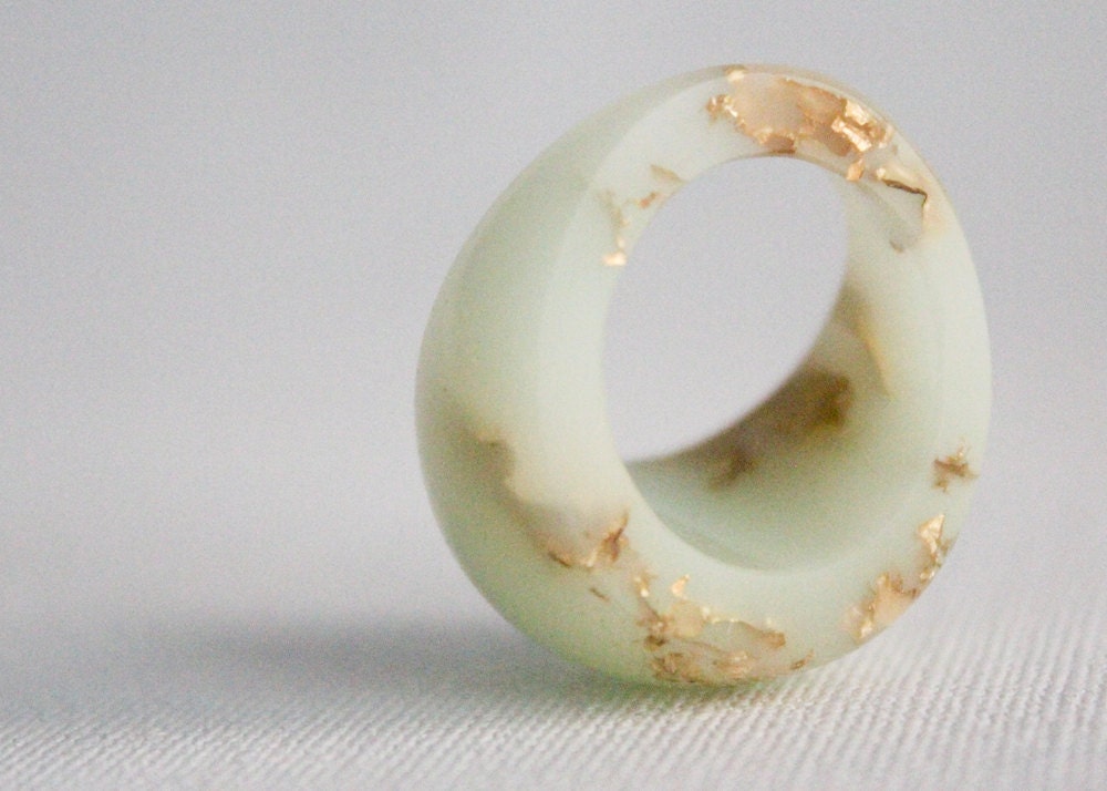 pale mint dome ring with suspended gold flakes eco resin
