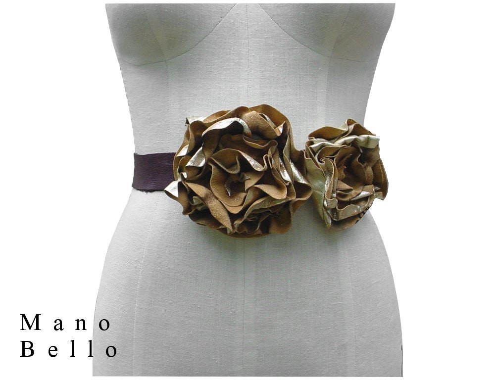 Distressed Leather Flower Wedding Sash Belt Metallic Gold, small - medium, in stock
