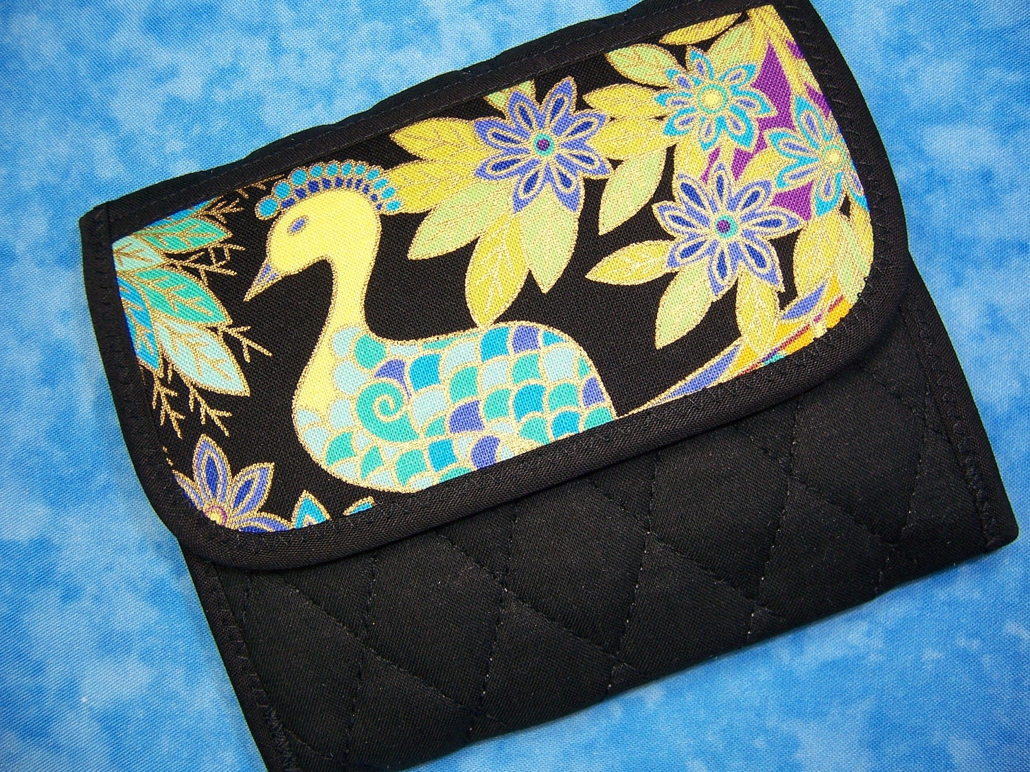 Women Wallet Small Wallet - Fabric Trifold Peacock Quilted - Ready to Ship