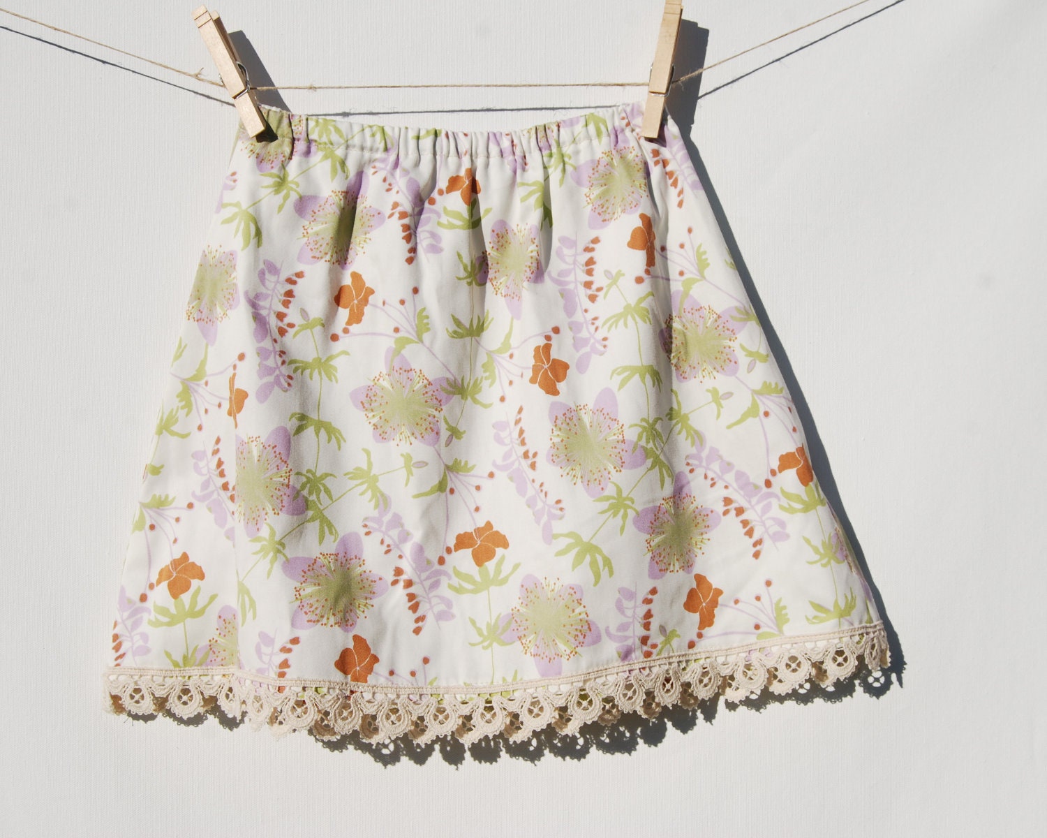 Eco Friendly Children - A Line Skirt  - Girls -  Floral Print with Lace - Organic Cotton Clothing - SALE