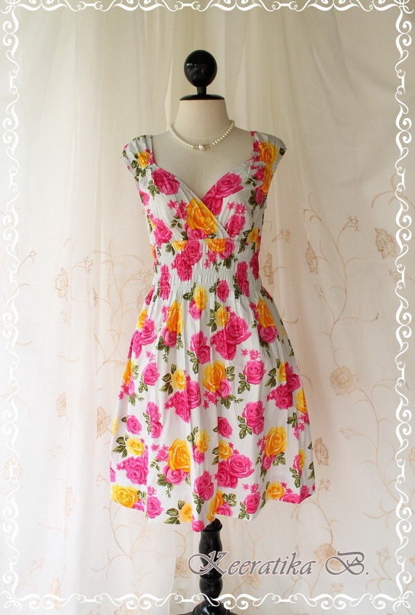 Colorful Time III - Colorful Collection Sweet Dress Vibrant Colours Dolly Cap Sleeve Pretty Dress Style Hot Pink Floral S-M