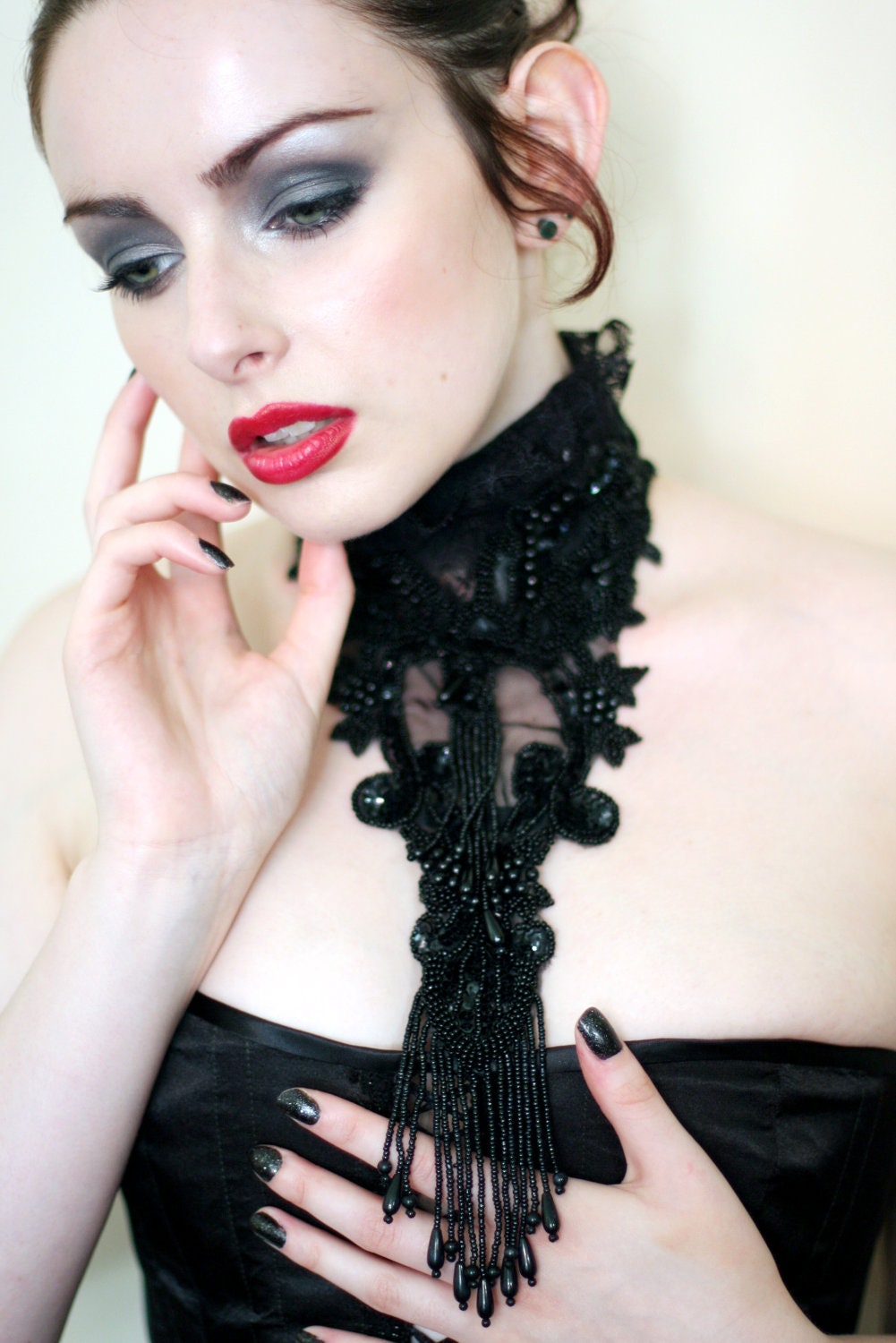Black  Beaded Lace Statement Necklace / Neckpiece Goth Couture - Size Large