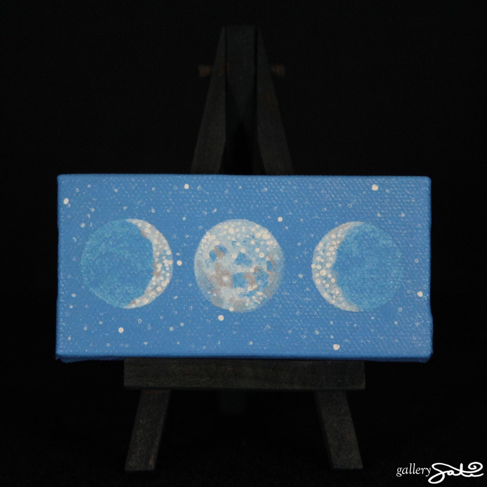 Light Blue Sacred Feminine Moon, 2" x 4" Oil Painting, Comes with mini black easel and magnet strips on back