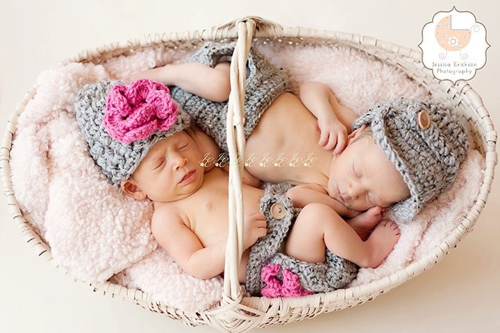 Twins Photography Prop Set in Gray and Hot Pink Available in Newborn to 12 Months- MADE TO ORDER