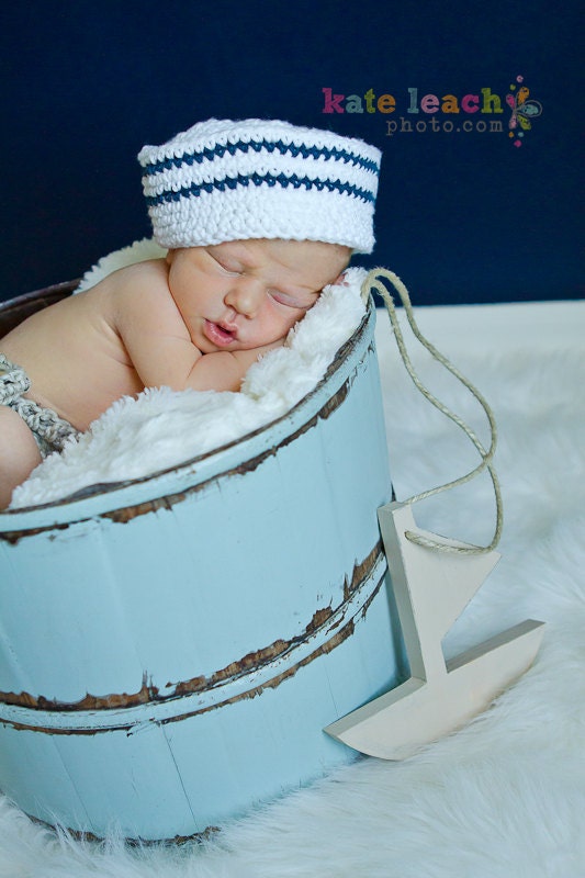 Little Miss Sailor Hat in White and Navy Blue with Matching Ruffle Butt Diaper Cover Available in Newborn to 24 Months Size- MADE TO ORDER