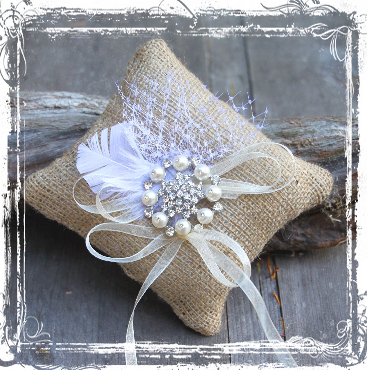 Burlap And Bling Ring Bearer Pillow - Rustic Weddings - Sparkle Romance Wedding - Pearls, Rhinestones, White Feather - Beige Tan Neutral