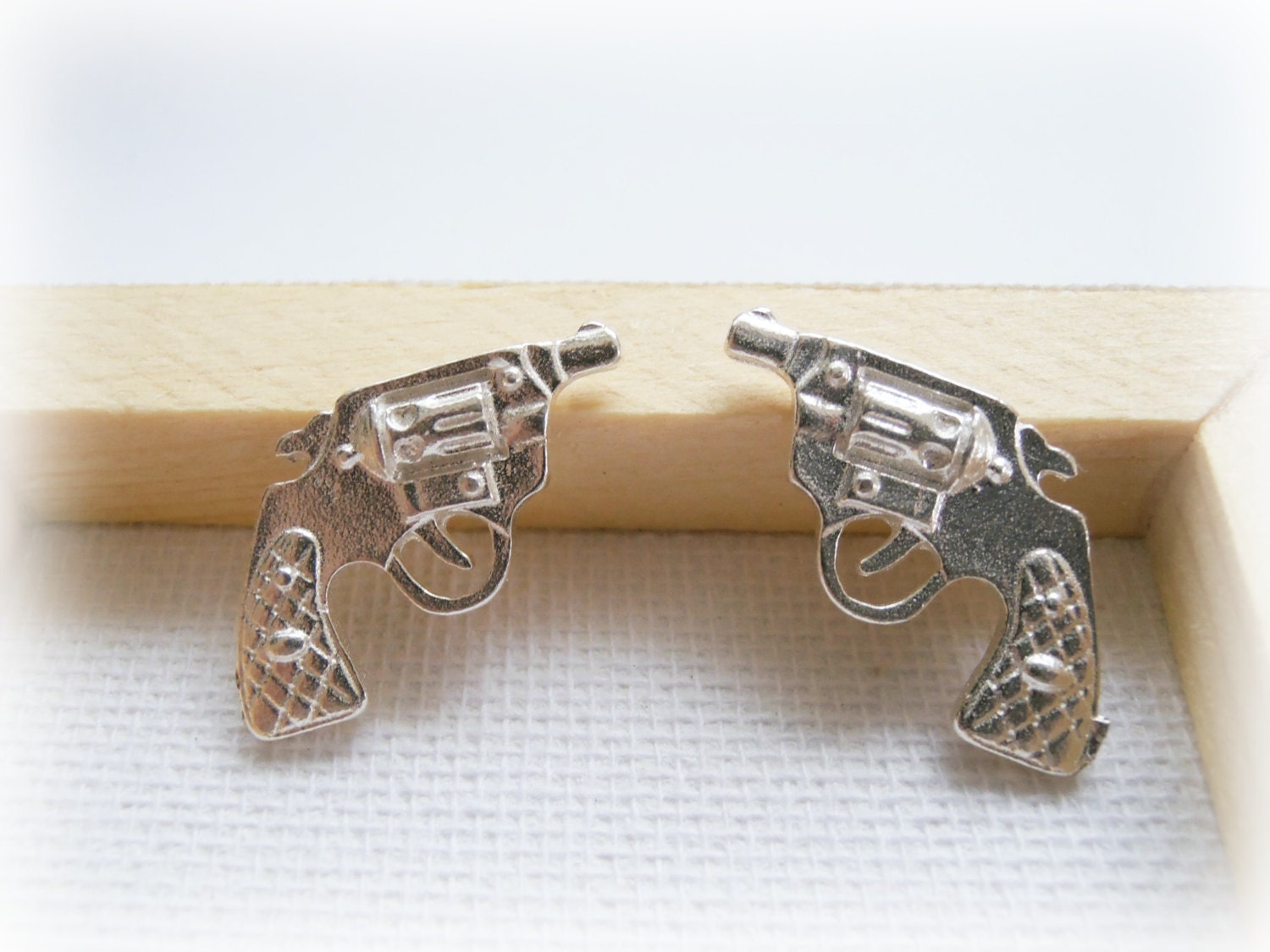 Mens studs gun sterling silver earrings - 45 Caliber Gun Mans Stud - Little Automatic Hand Gun Ear Studs - revolver studs