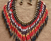 PRICE REDUCED Native American tribal style fringed necklace in red, black, brown and gold