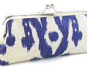 Blue Ikat Clutch Purse Metal Frame Handbag Boho Bag Handmade