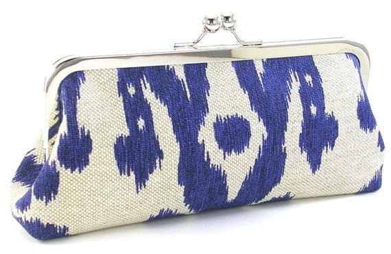 Blue Ikat Clutch Purse Metal Frame Handbag Boho Bag Handmade
