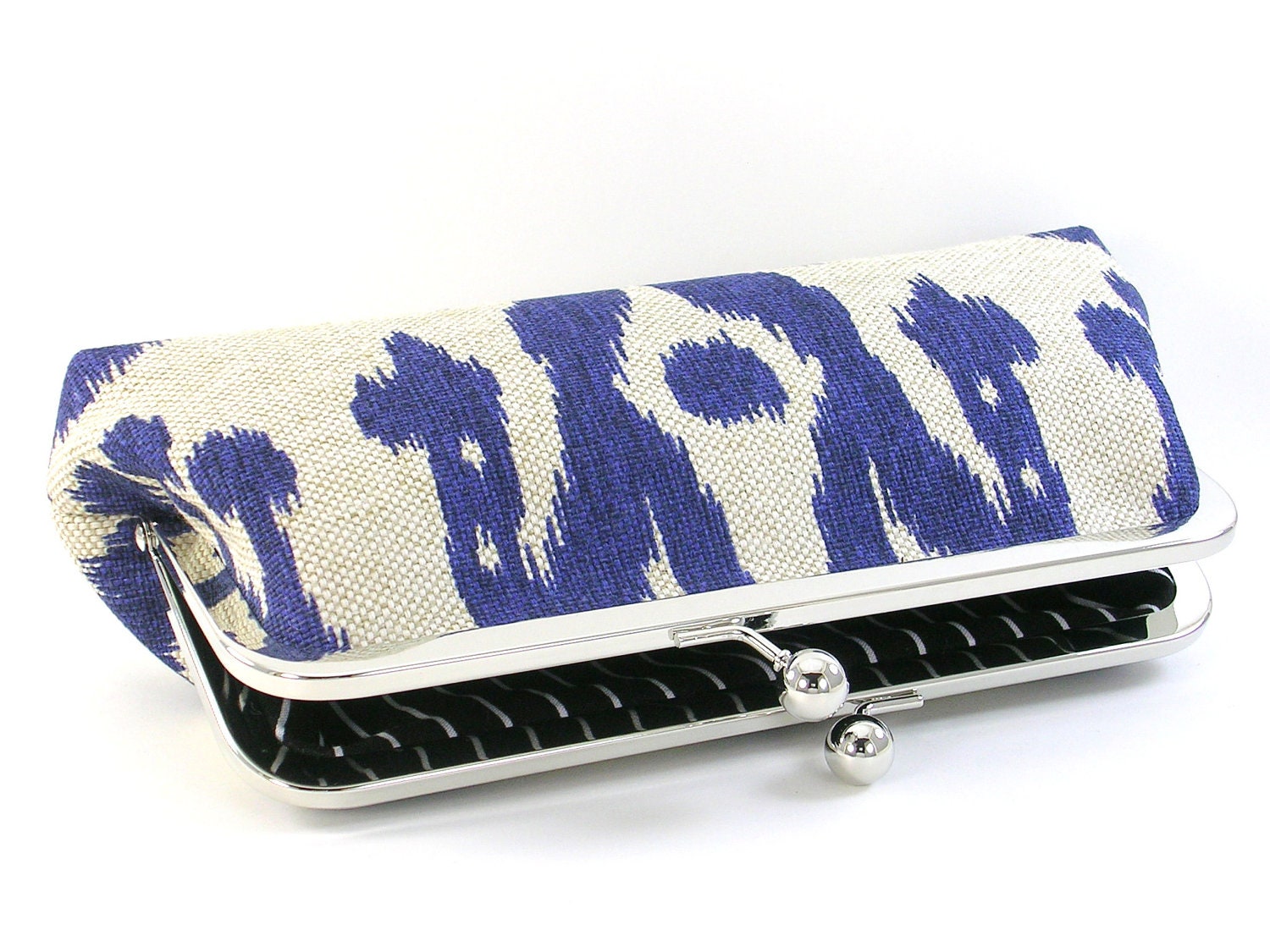 Blue Ikat Clutch Purse Metal Frame Handbag Boho Bag Handmade