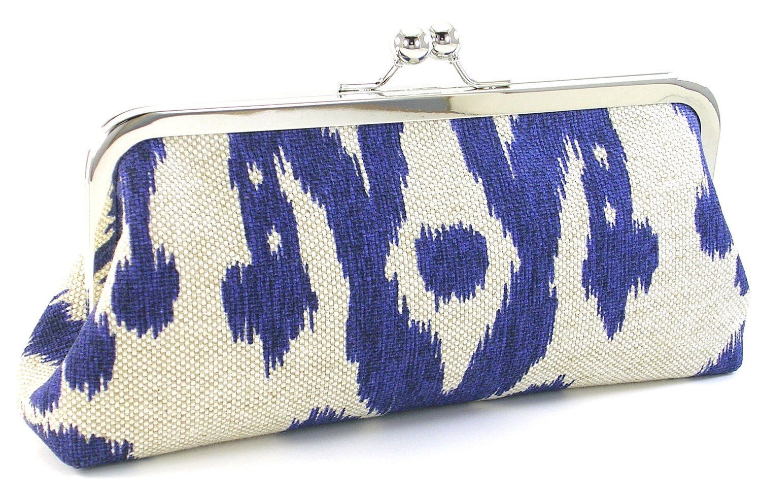 Blue Ikat Clutch Purse Metal Frame Handbag Boho Bag Handmade